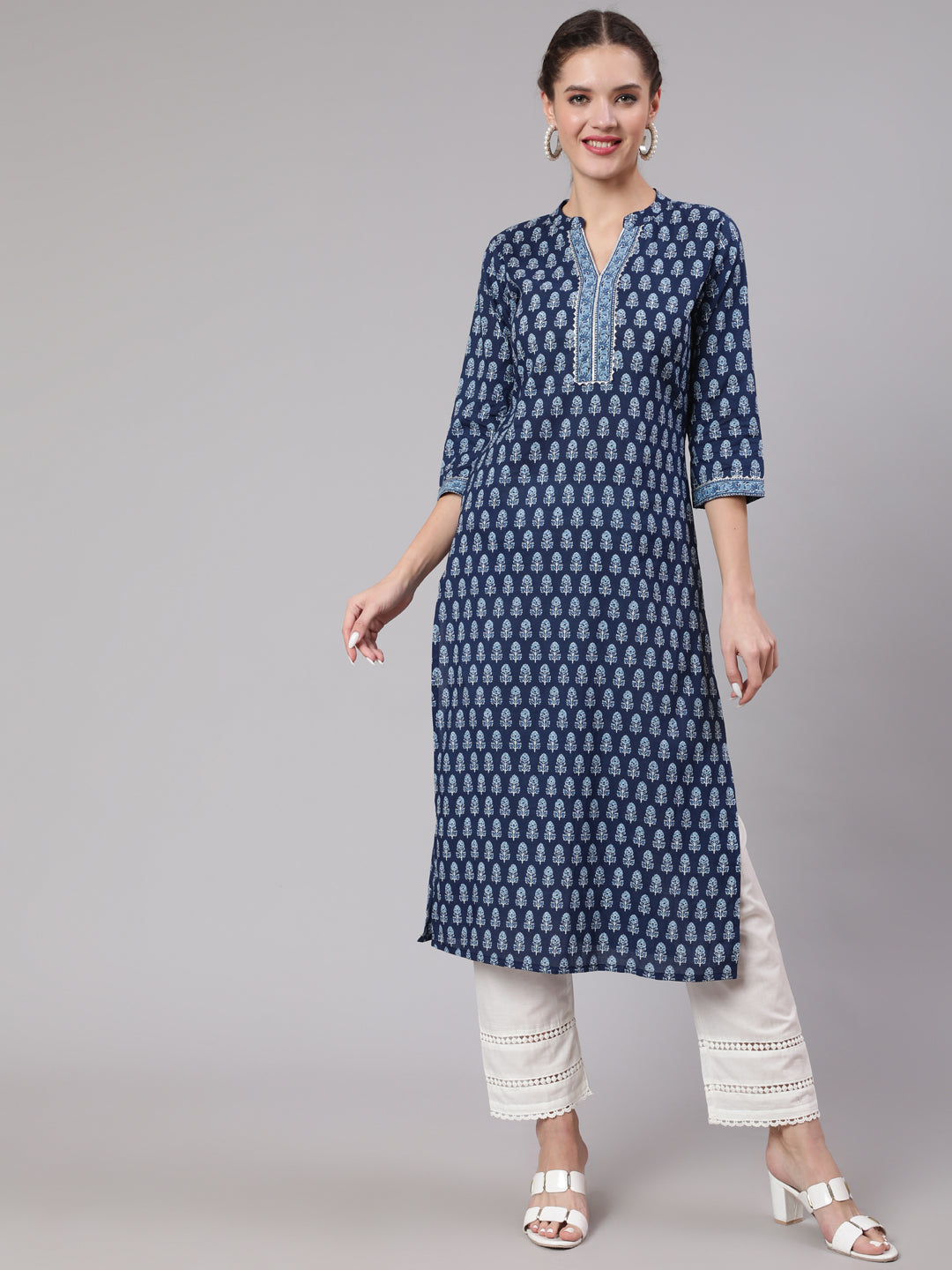 Women Blue Printed Straight Kurta With Three Quarter Sleeves | LASVINI - Redefining Indian Fashion with Elegance