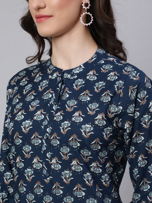 Women Blue Ethnic Printed Straight Kurta With Three Quarter Sleeves | LASVINI - Redefining Indian Fashion with Elegance