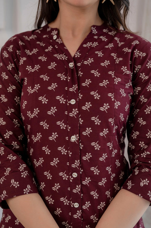 Women Burgundy Printed Straight Tunic With Three Quarter Sleeves | LASVINI - Redefining Indian Fashion with Elegance