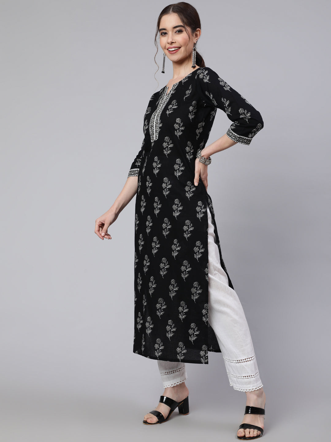 Women Black Printed Straight Kurta With Three Quarter Sleeves | LASVINI - Redefining Indian Fashion with Elegance