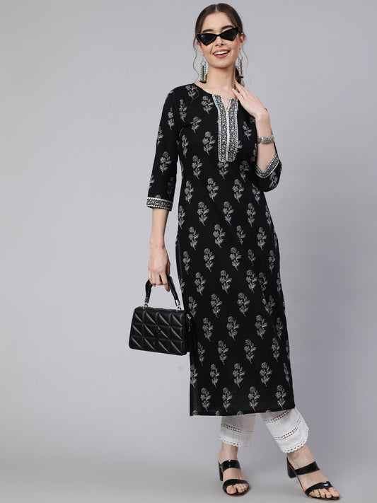 Women Black Printed Straight Kurta With Three Quarter Sleeves | LASVINI - Redefining Indian Fashion with Elegance