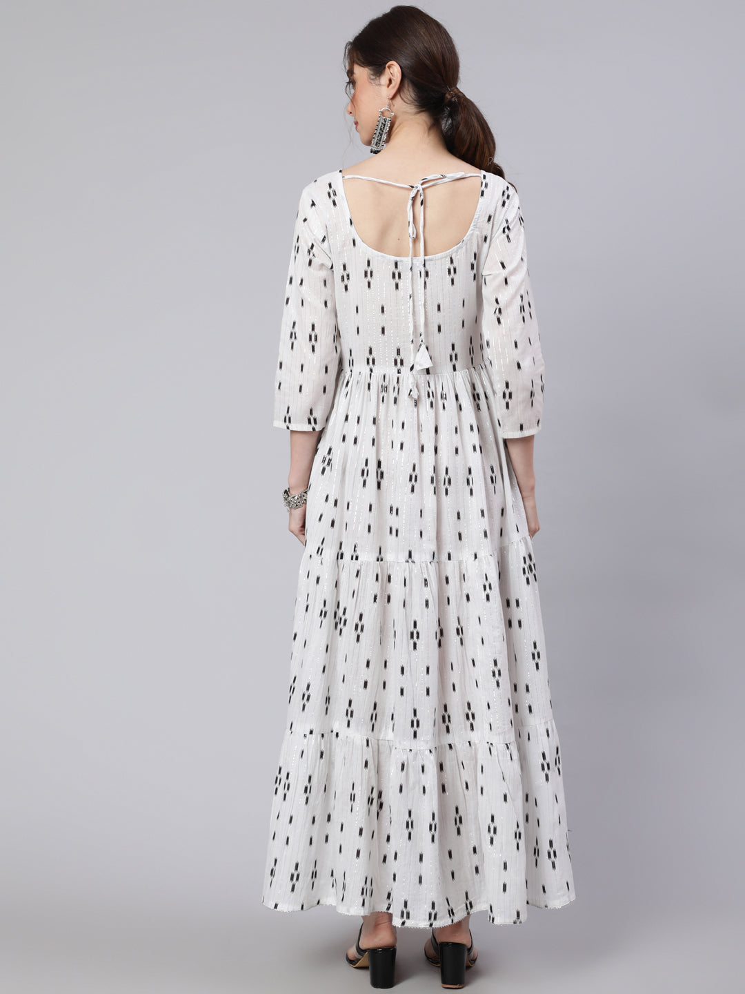 Women Off White Ikat Printed Flared Dress With Three Quarter Sleeves | LASVINI - Redefining Indian Fashion with Elegance