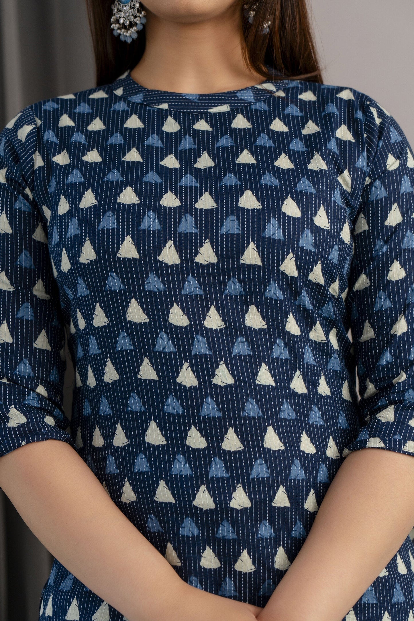 Women Blue Ethnic Printed Straight Kurta With Three Quarter Sleeves | LASVINI - Redefining Indian Fashion with Elegance