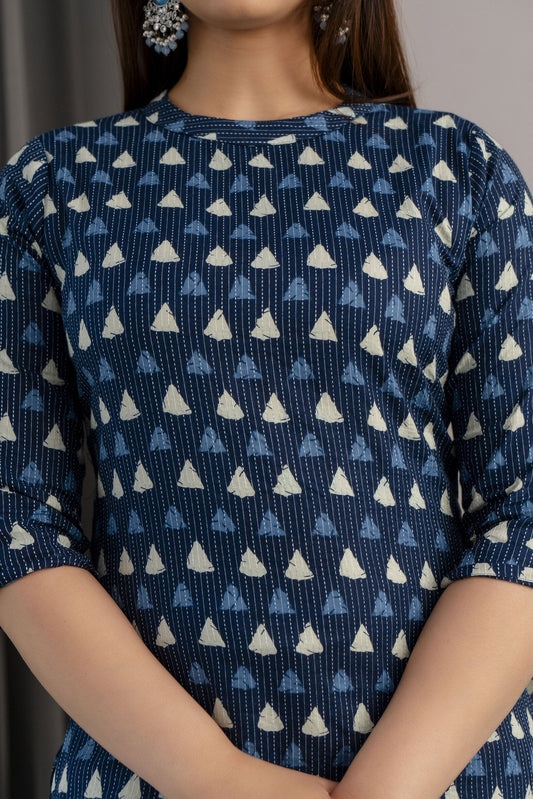 Women Blue Ethnic Printed Straight Kurta With Three Quarter Sleeves | LASVINI - Redefining Indian Fashion with Elegance