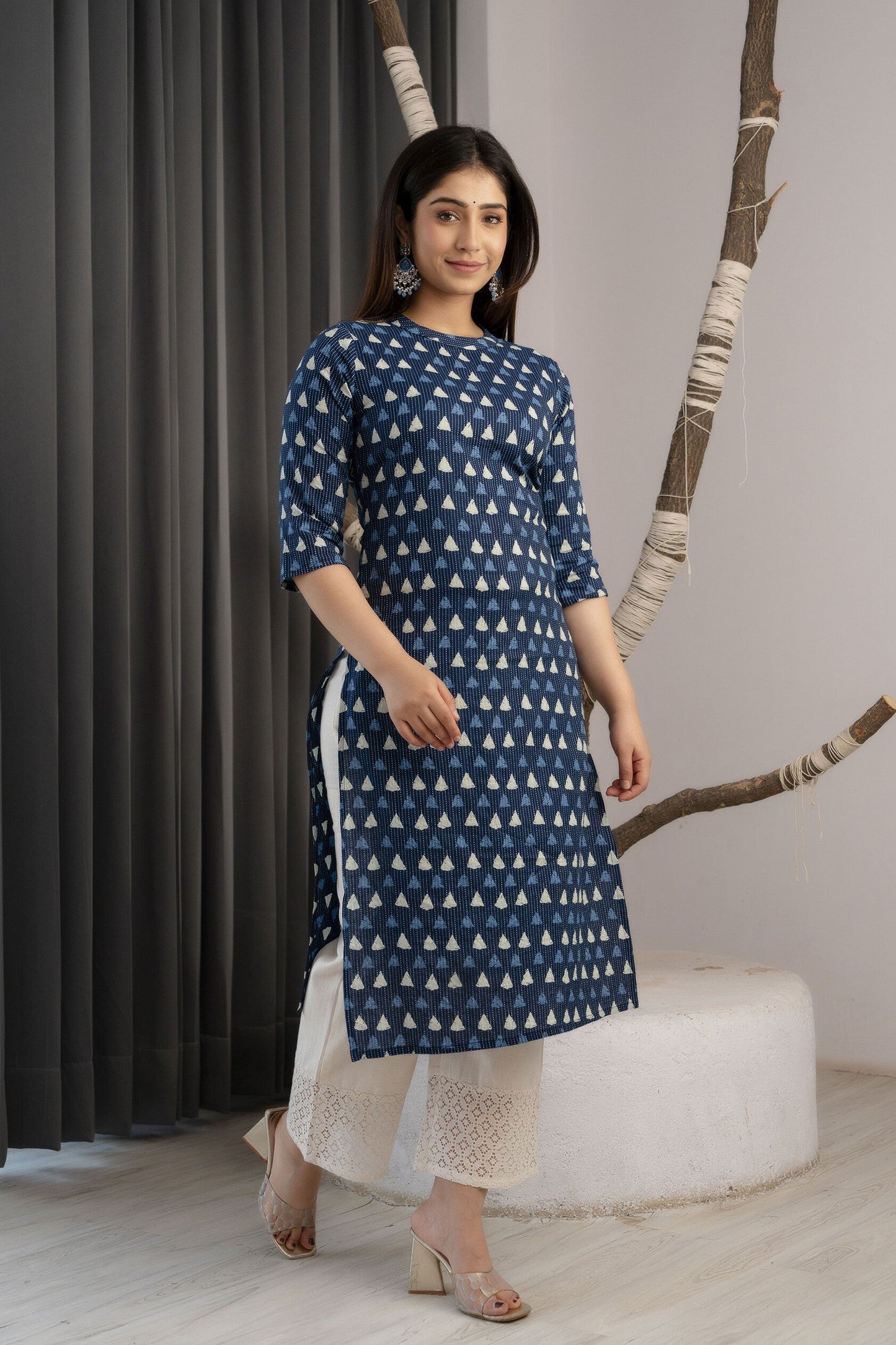 Women Blue Ethnic Printed Straight Kurta With Three Quarter Sleeves | LASVINI - Redefining Indian Fashion with Elegance