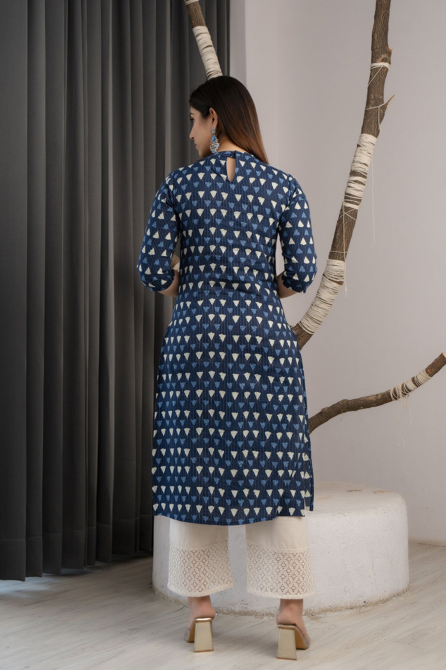 Women Blue Ethnic Printed Straight Kurta With Three Quarter Sleeves | LASVINI - Redefining Indian Fashion with Elegance