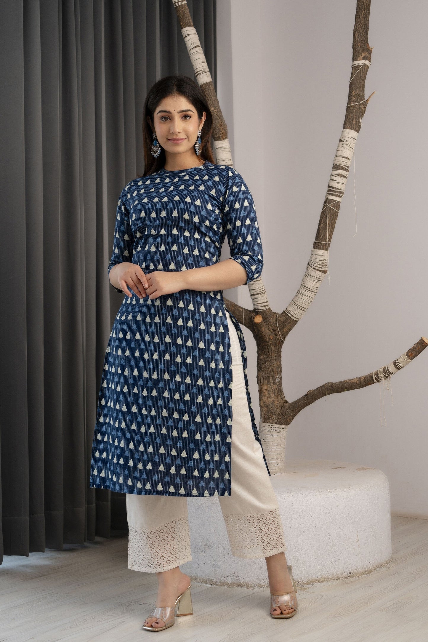 Women Blue Ethnic Printed Straight Kurta With Three Quarter Sleeves | LASVINI - Redefining Indian Fashion with Elegance