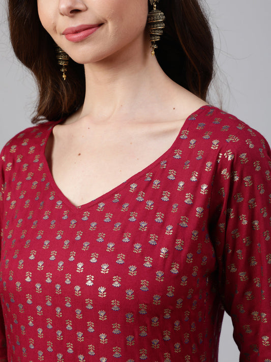 Women Burgundy Printed Flared Dress With Three Quarter Sleeves | LASVINI - Redefining Indian Fashion with Elegance