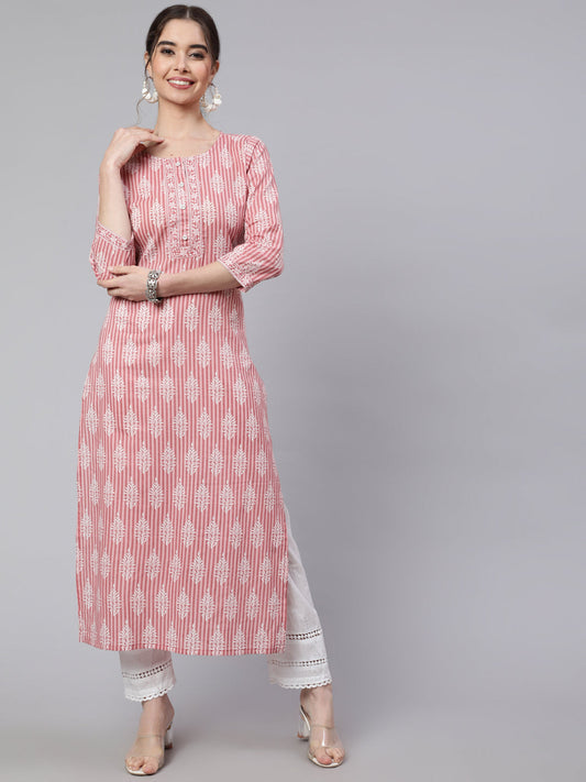 Women Pink Printed Straight Kurta With Three Quarter Sleeves | LASVINI - Redefining Indian Fashion with Elegance
