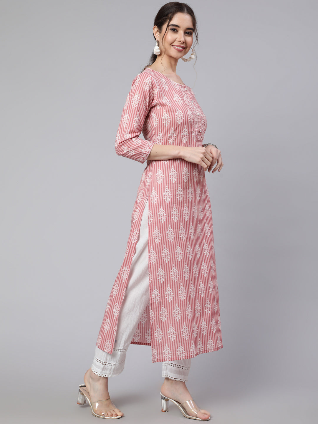 Women Pink Printed Straight Kurta With Three Quarter Sleeves | LASVINI - Redefining Indian Fashion with Elegance