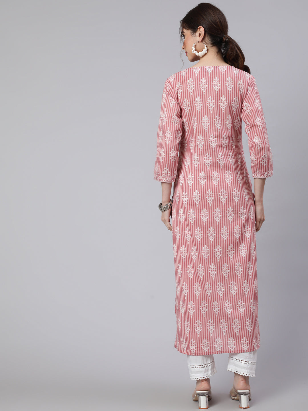 Women Pink Printed Straight Kurta With Three Quarter Sleeves | LASVINI - Redefining Indian Fashion with Elegance