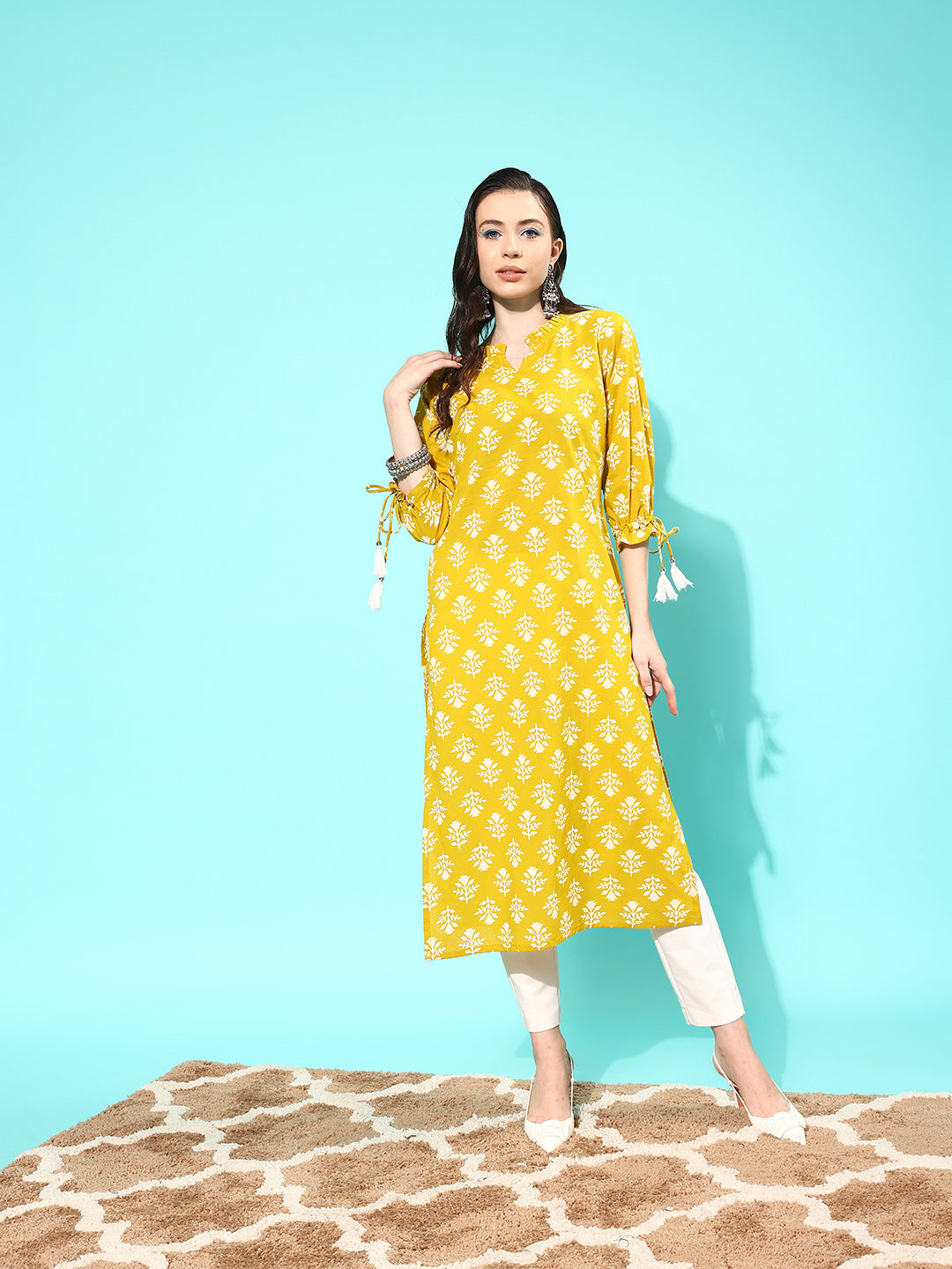 Women Yellow Straight Kurta With Three Quarter Sleeves | LASVINI - Redefining Indian Fashion with Elegance
