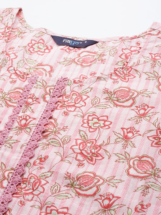 Women Pink Floral Printed Kurta With Three Quarter Sleeves | LASVINI - Redefining Indian Fashion with Elegance