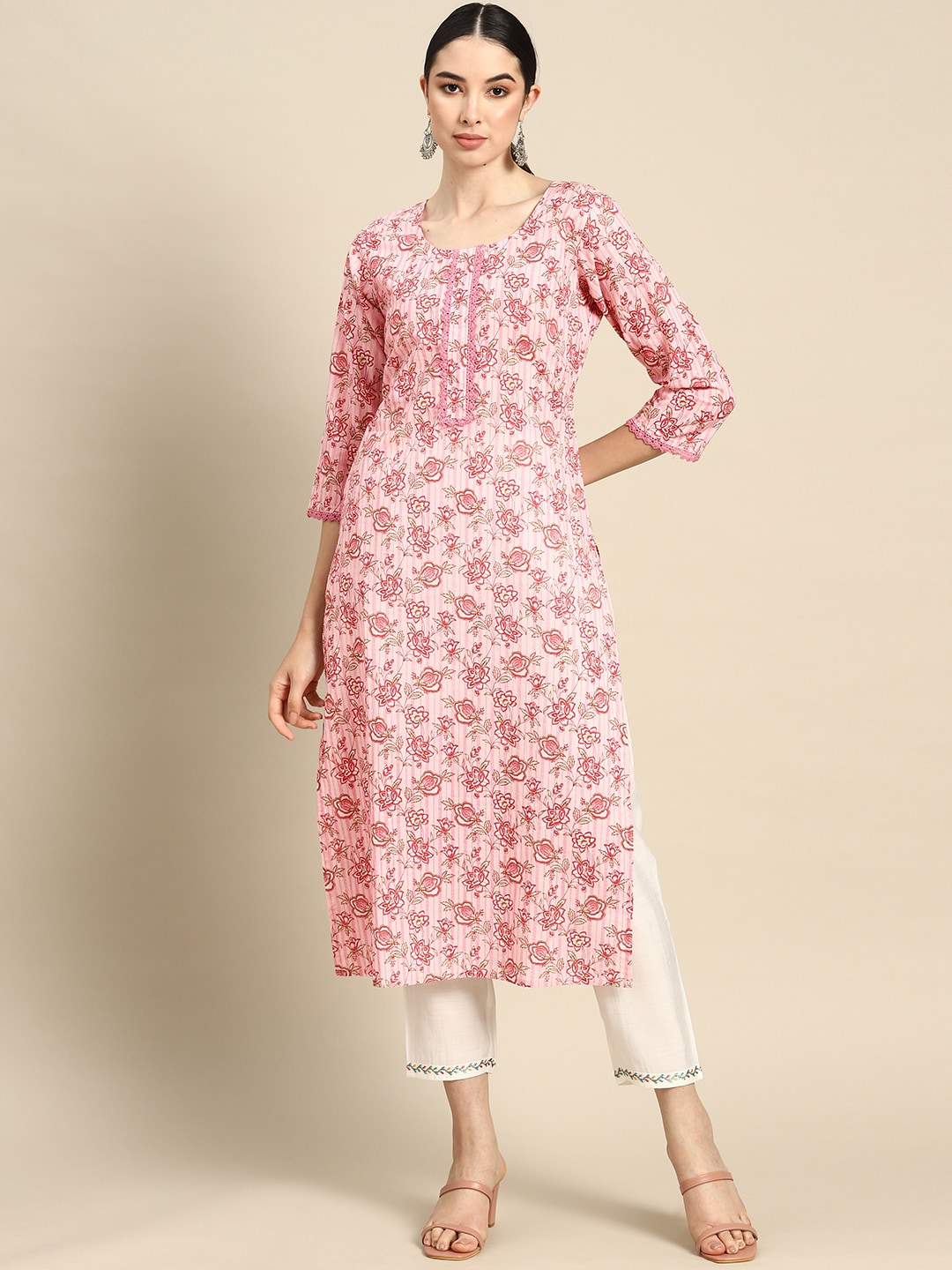 Women Pink Floral Printed Kurta With Three Quarter Sleeves | LASVINI - Redefining Indian Fashion with Elegance