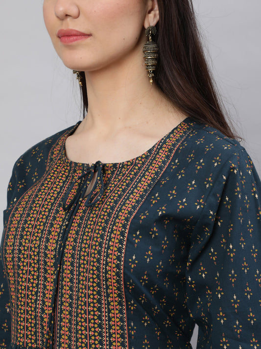 Women Teal Blue Ethnic Printed Flared Dress With Three Quarter Sleeves | LASVINI - Redefining Indian Fashion with Elegance