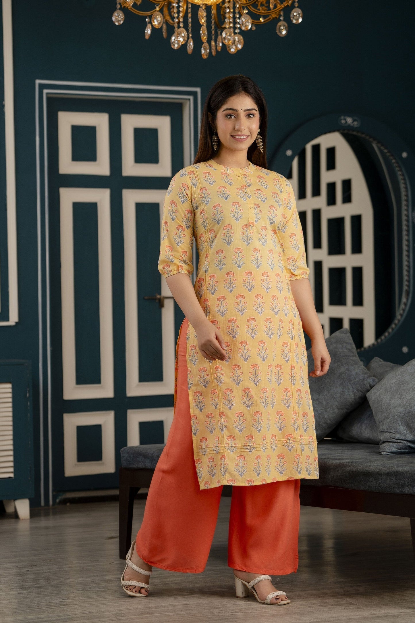 Women Yellow Straight Kurta With Three Quarter Sleeves | LASVINI - Redefining Indian Fashion with Elegance