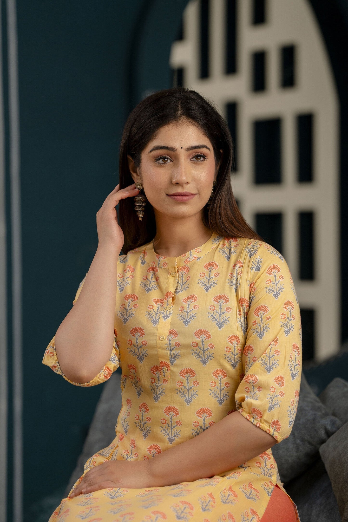 Women Yellow Straight Kurta With Three Quarter Sleeves | LASVINI - Redefining Indian Fashion with Elegance