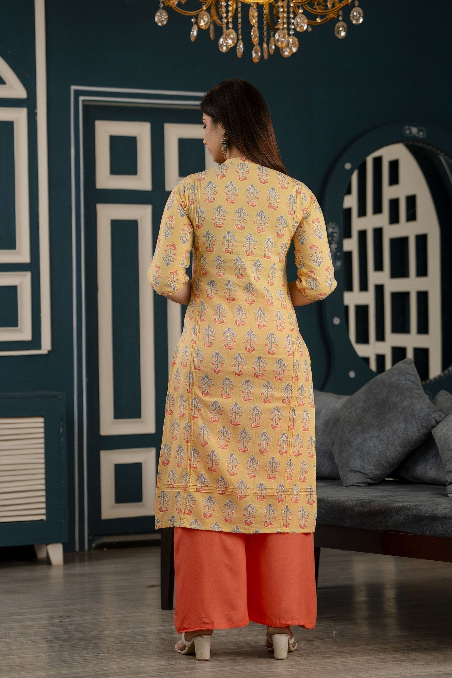 Women Yellow Straight Kurta With Three Quarter Sleeves | LASVINI - Redefining Indian Fashion with Elegance