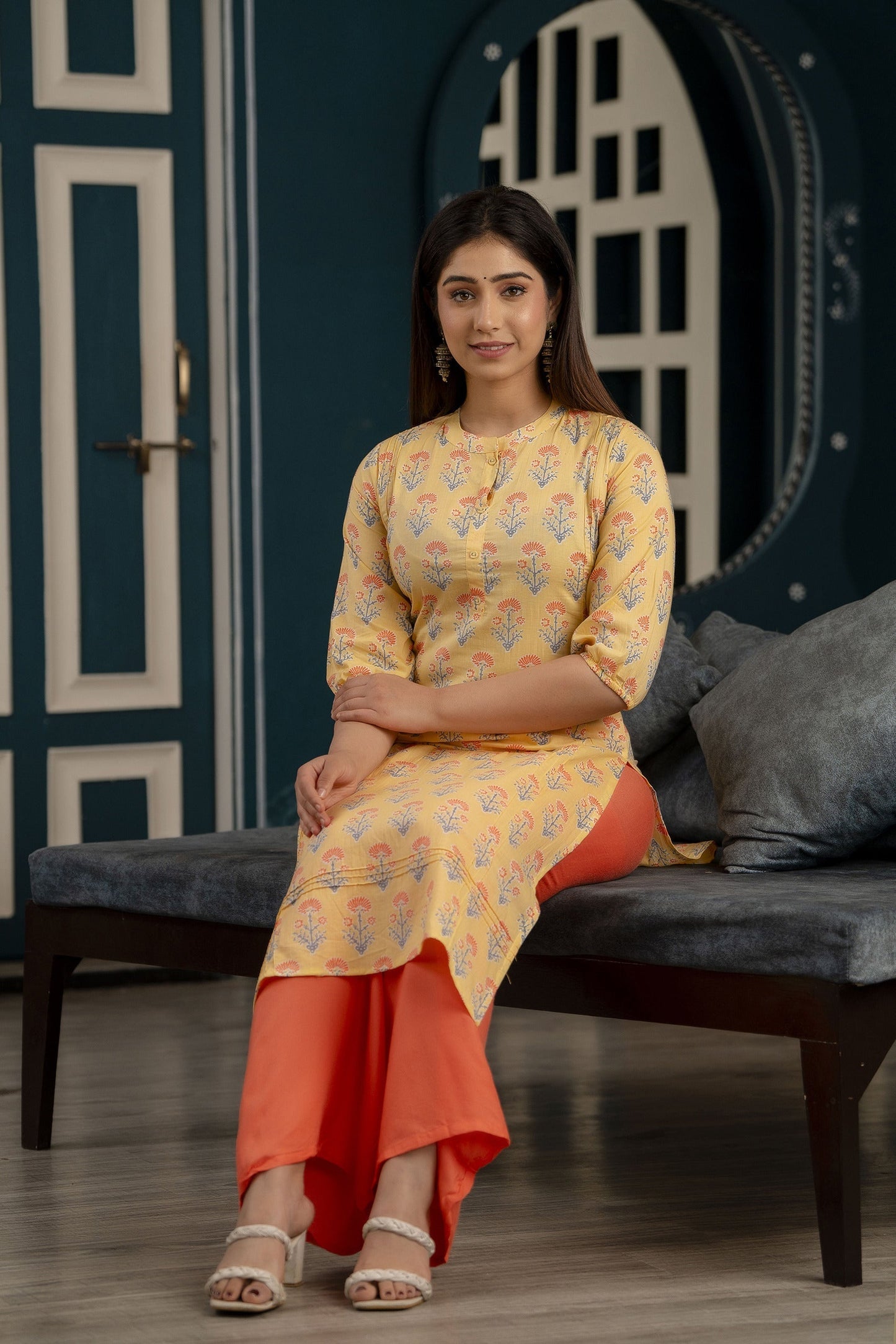 Women Yellow Straight Kurta With Three Quarter Sleeves | LASVINI - Redefining Indian Fashion with Elegance