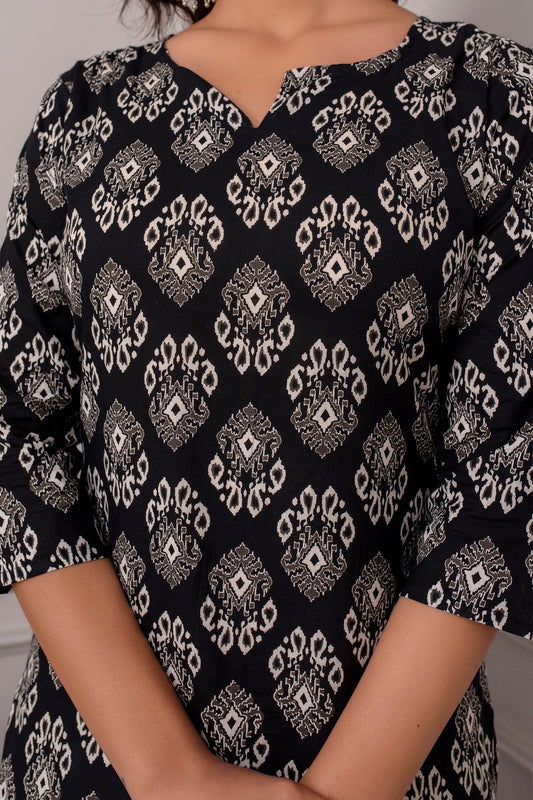 Women Black Printed Straight Kurta With Three Quarter Sleeves | LASVINI - Redefining Indian Fashion with Elegance