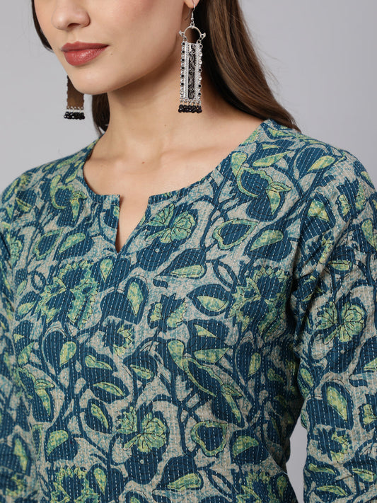 Women Teal Green Ethnic Printed Straight Kurta With Three Quarter Sleeves | LASVINI - Redefining Indian Fashion with Elegance