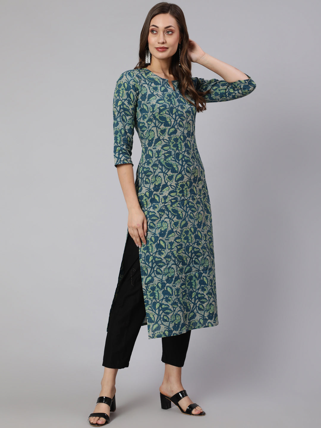 Women Teal Green Ethnic Printed Straight Kurta With Three Quarter Sleeves | LASVINI - Redefining Indian Fashion with Elegance