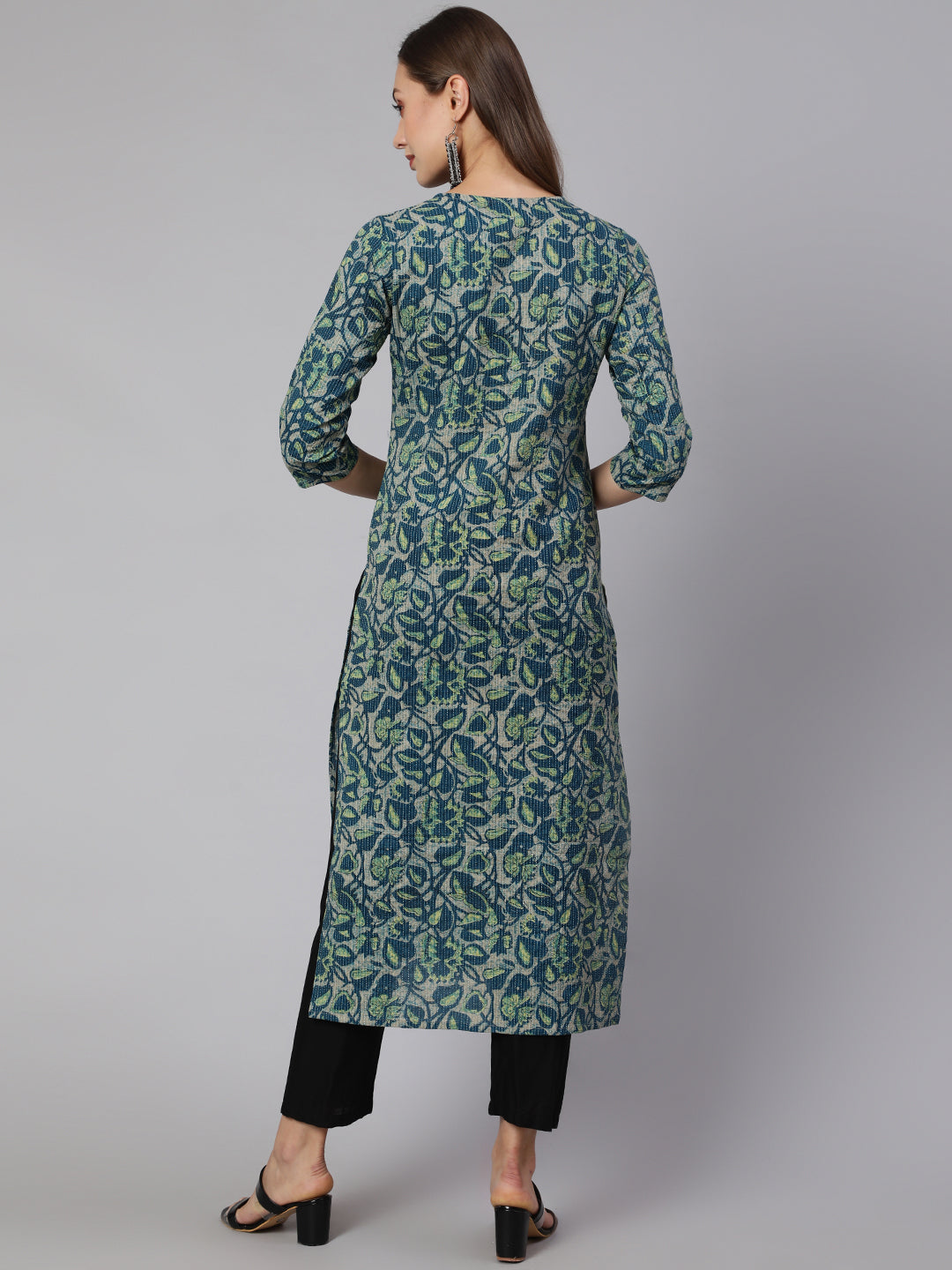Women Teal Green Ethnic Printed Straight Kurta With Three Quarter Sleeves | LASVINI - Redefining Indian Fashion with Elegance