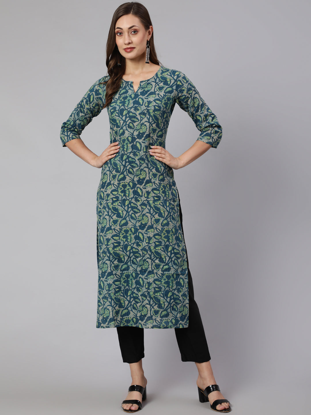 Women Teal Green Ethnic Printed Straight Kurta With Three Quarter Sleeves | LASVINI - Redefining Indian Fashion with Elegance