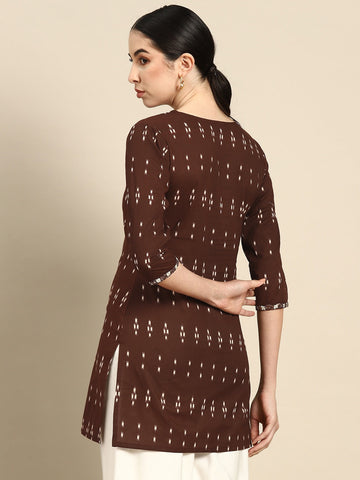 Women Brown Embroidered Ikat Printed Straight Tunic | LASVINI - Redefining Indian Fashion with Elegance