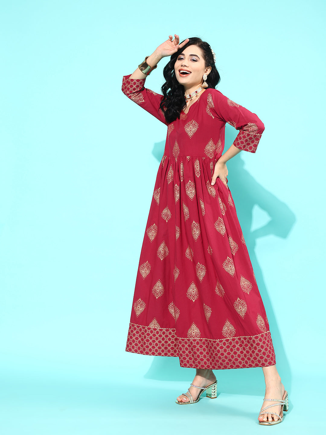 Women Maroon Ethnic Printed Flared Dress With Three Quarter Sleeves | LASVINI - Redefining Indian Fashion with Elegance