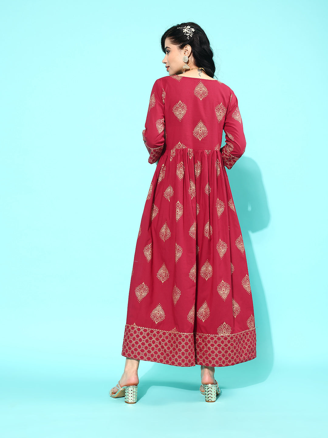 Women Maroon Ethnic Printed Flared Dress With Three Quarter Sleeves | LASVINI - Redefining Indian Fashion with Elegance