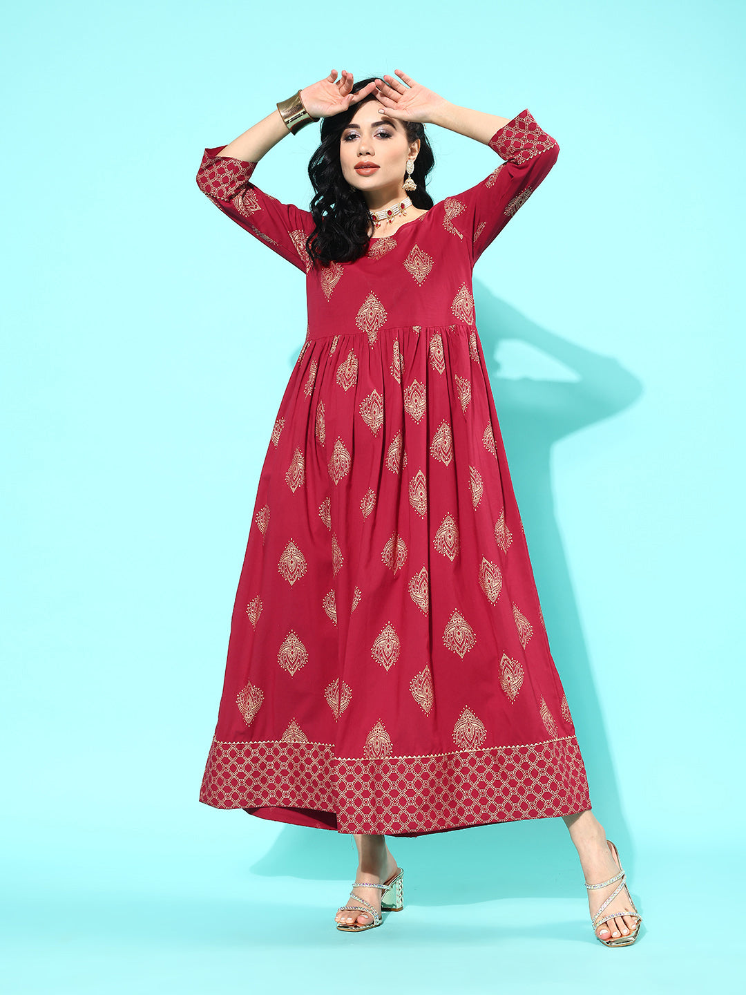 Women Maroon Ethnic Printed Flared Dress With Three Quarter Sleeves | LASVINI - Redefining Indian Fashion with Elegance