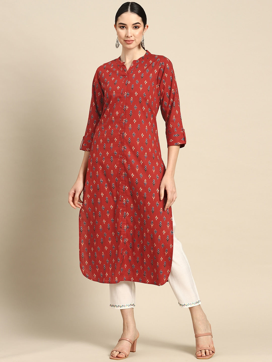 Women Red Straight Kurta With Three Quarter Sleeves | LASVINI - Redefining Indian Fashion with Elegance