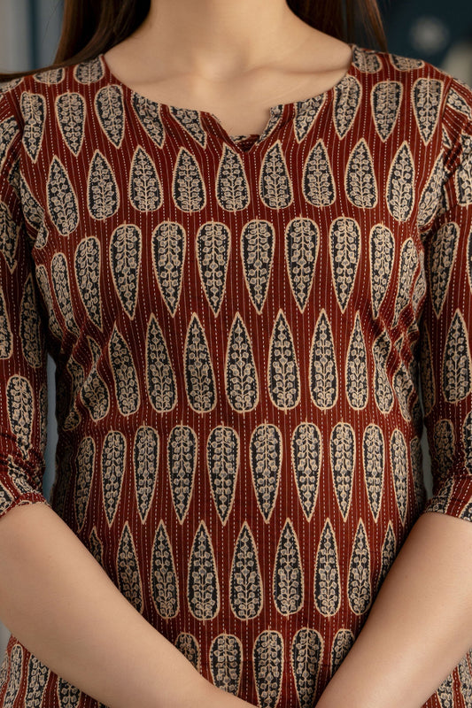 Women Maroon Printed Straight Kurta With Three Quarter Sleeves | LASVINI - Redefining Indian Fashion with Elegance