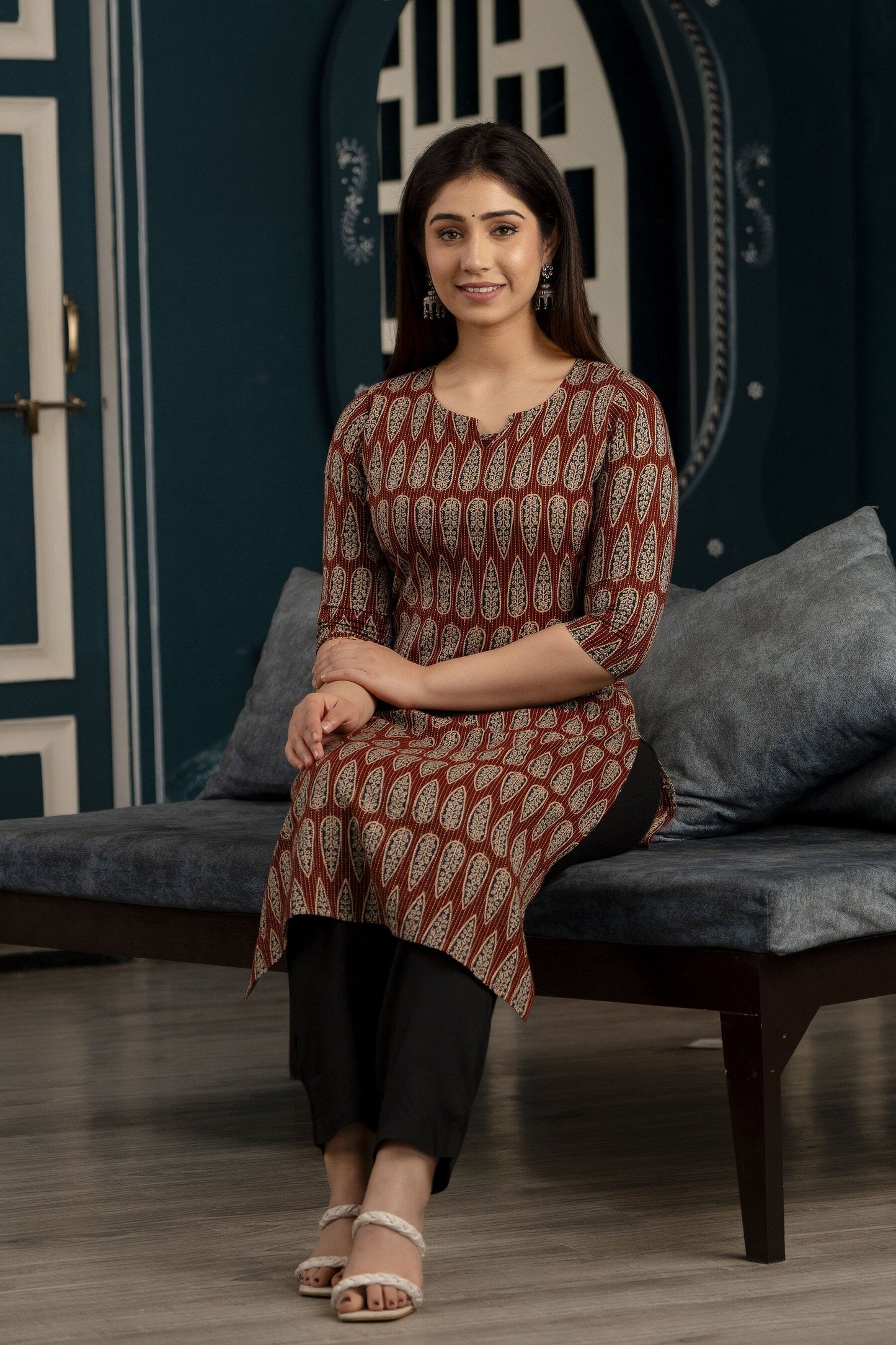 Women Maroon Printed Straight Kurta With Three Quarter Sleeves | LASVINI - Redefining Indian Fashion with Elegance