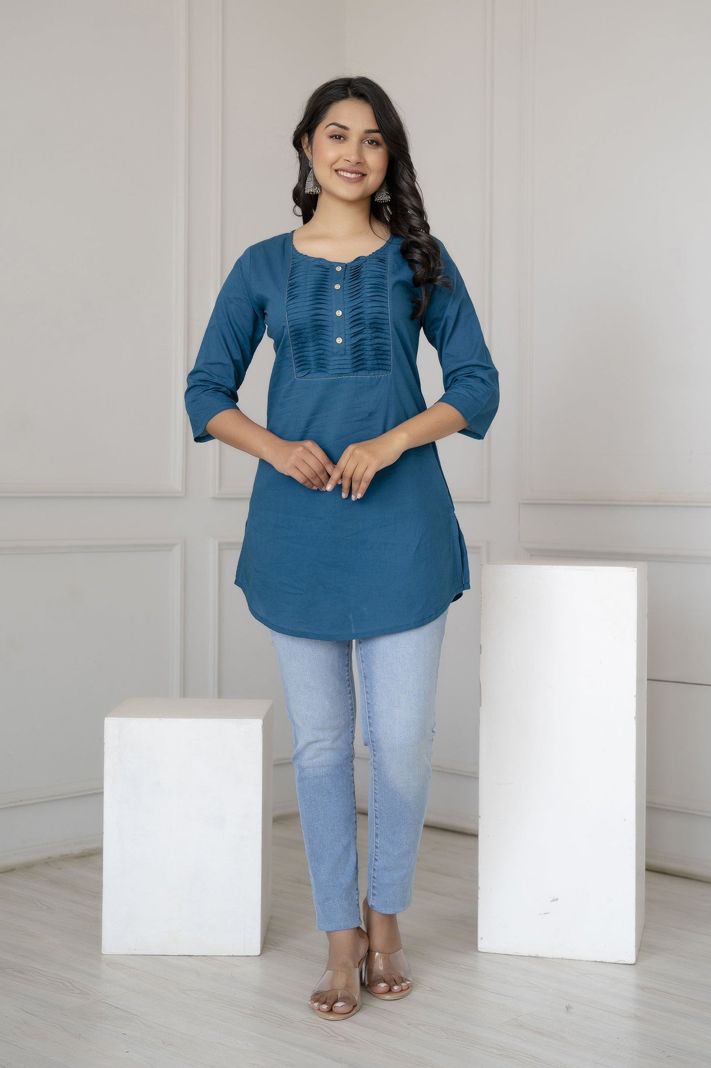 Women Teal Blue Straight Tunic With Three Quarter Sleeves | LASVINI - Redefining Indian Fashion with Elegance