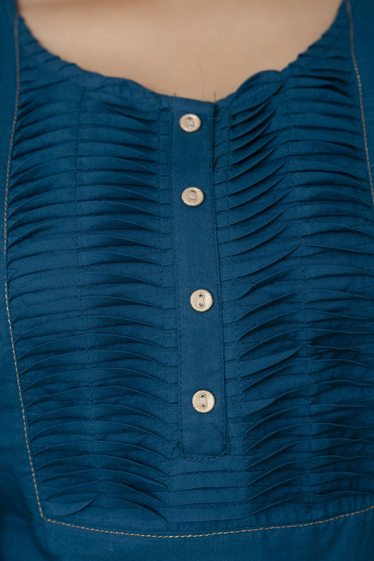 Women Teal Blue Straight Tunic With Three Quarter Sleeves | LASVINI - Redefining Indian Fashion with Elegance