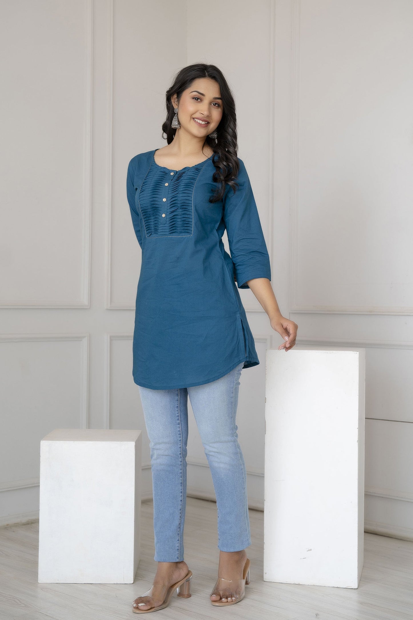Women Teal Blue Straight Tunic With Three Quarter Sleeves | LASVINI - Redefining Indian Fashion with Elegance