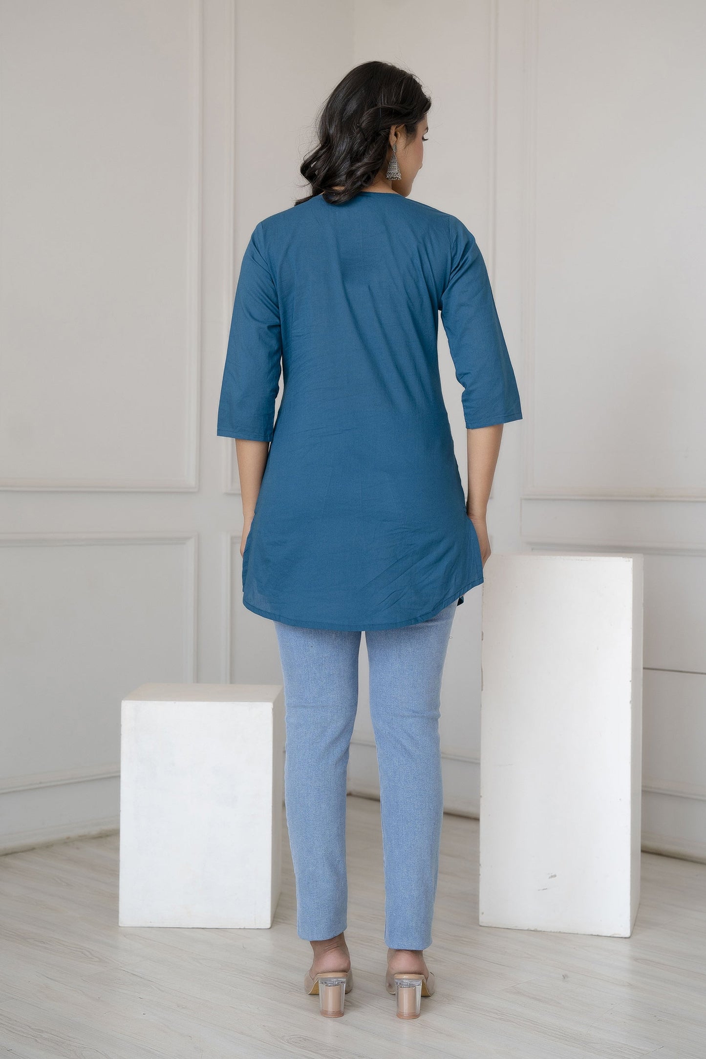 Women Teal Blue Straight Tunic With Three Quarter Sleeves | LASVINI - Redefining Indian Fashion with Elegance