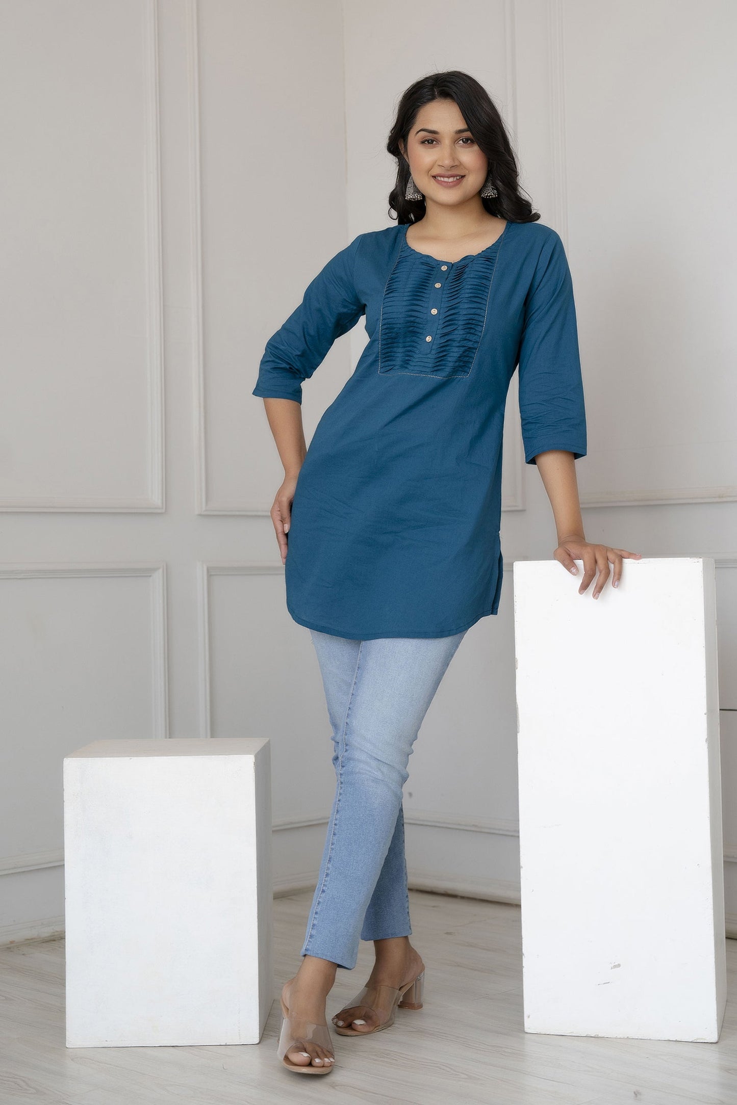 Women Teal Blue Straight Tunic With Three Quarter Sleeves | LASVINI - Redefining Indian Fashion with Elegance