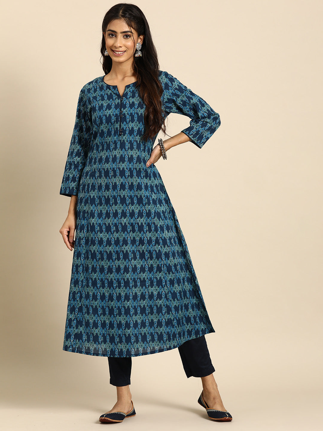 Women Blue Ethnic Printed Straight Kurta With Three Quarter Sleeves | LASVINI - Redefining Indian Fashion with Elegance