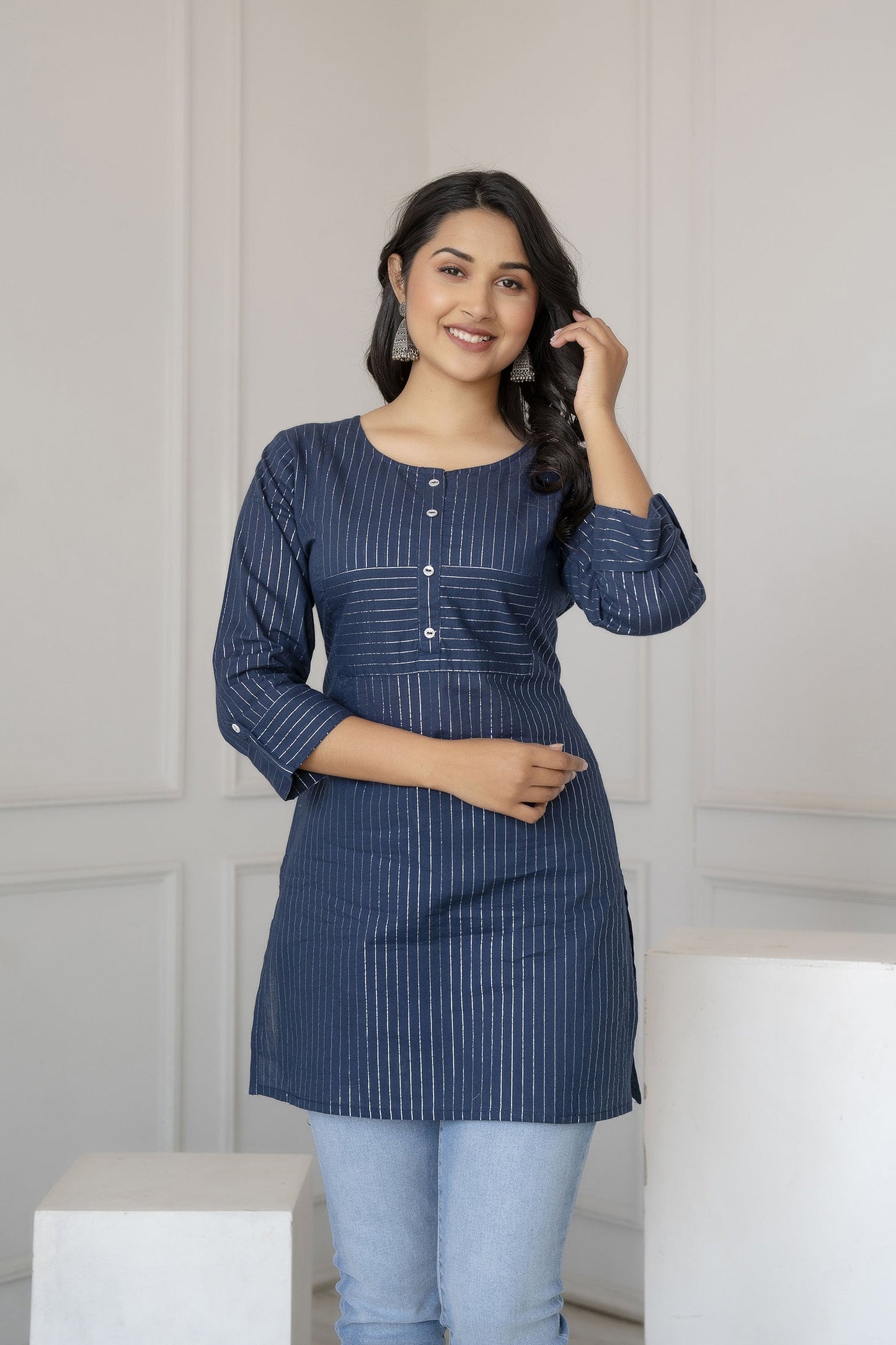 Women Navy Blue Stripe Straight Tunic | LASVINI - Redefining Indian Fashion with Elegance