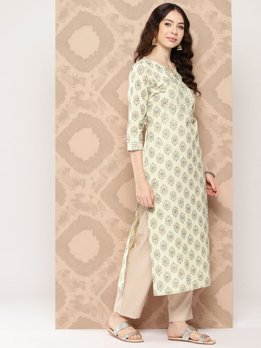 Women Cream Printed Straight Kurta With Three Quarter Sleeves | LASVINI - Redefining Indian Fashion with Elegance