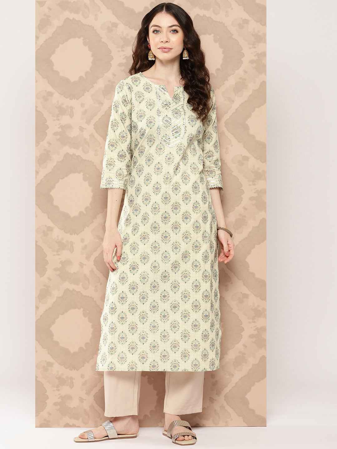 Women Cream Printed Straight Kurta With Three Quarter Sleeves | LASVINI - Redefining Indian Fashion with Elegance