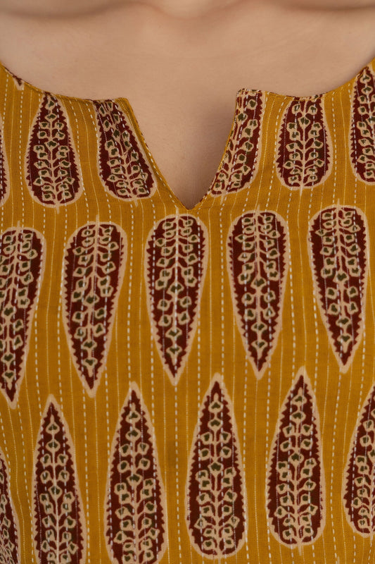 Women Mustard Printed Straight Sleeveless Kurta | LASVINI - Redefining Indian Fashion with Elegance