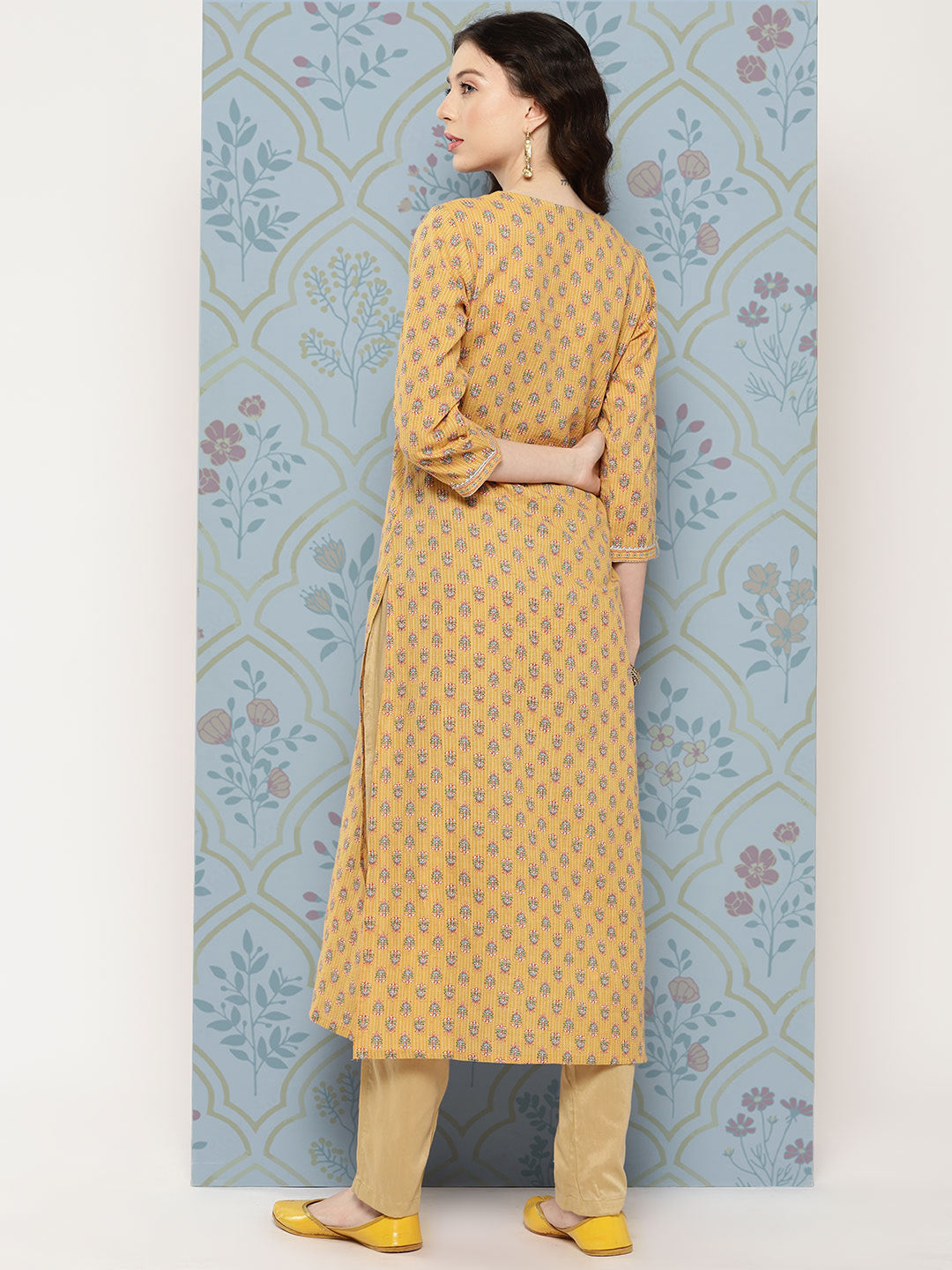 Women Mustard Straight Kurta With Three Quarter Sleeves | LASVINI - Redefining Indian Fashion with Elegance