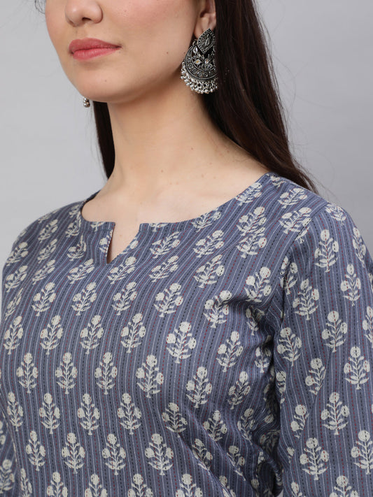 Women Grey Ethnic Printed Straight Kurta With Three Quarter Sleeves | LASVINI - Redefining Indian Fashion with Elegance