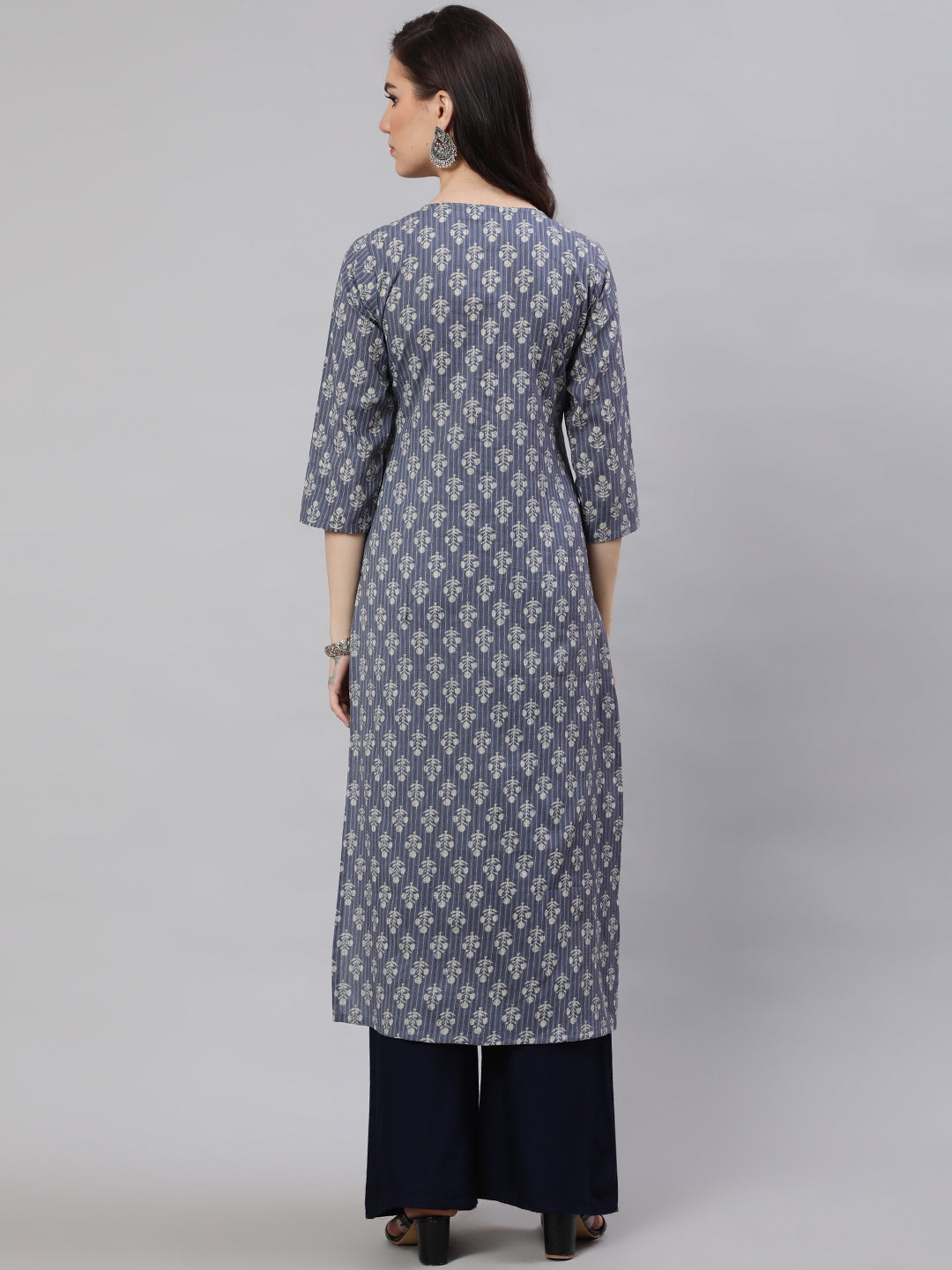 Women Grey Ethnic Printed Straight Kurta With Three Quarter Sleeves | LASVINI - Redefining Indian Fashion with Elegance
