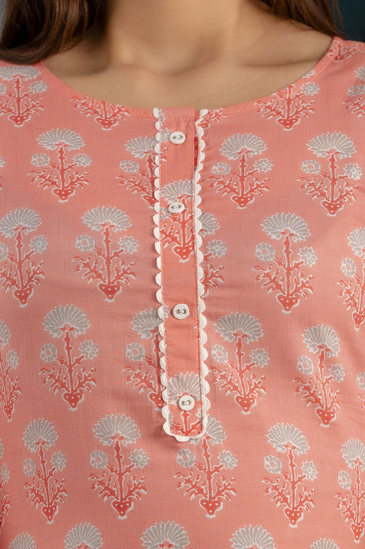 Women Pink Printed Straight Kurta With Three Quarter Sleeves | LASVINI - Redefining Indian Fashion with Elegance