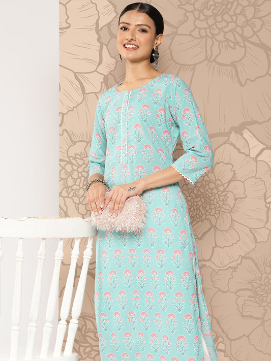 Women Blue Ethnic Straight Kurta With Three Quarter Sleeves | LASVINI - Redefining Indian Fashion with Elegance